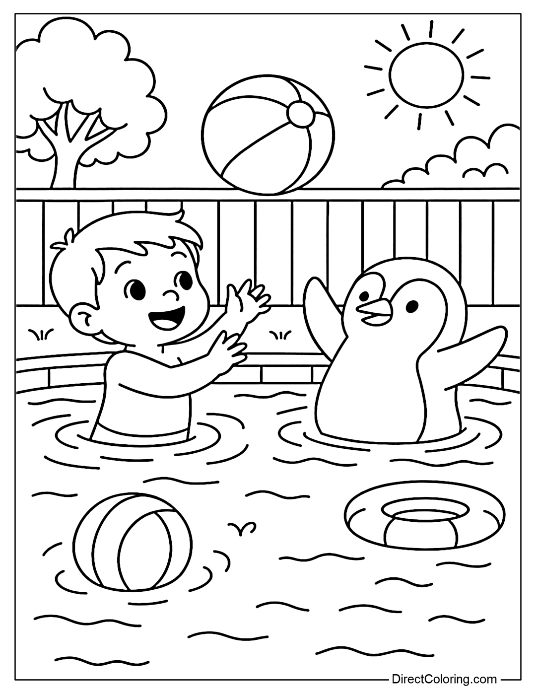 Coloring page of a baby and a penguin playing ball in the garden pool.