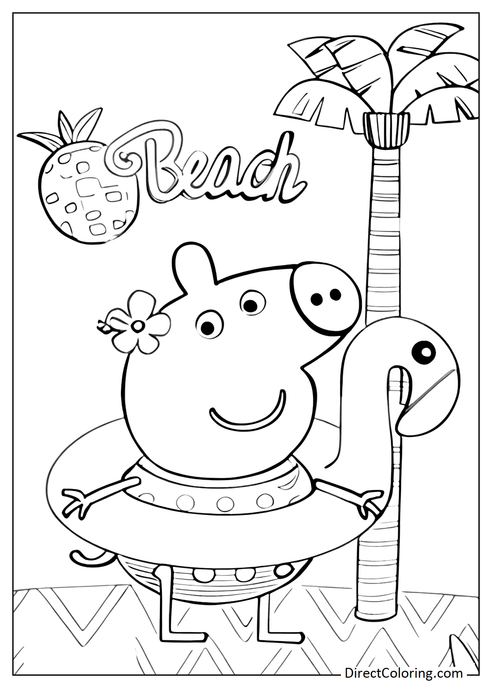 Peppa Pig on the beach with a flamingo float coloring page