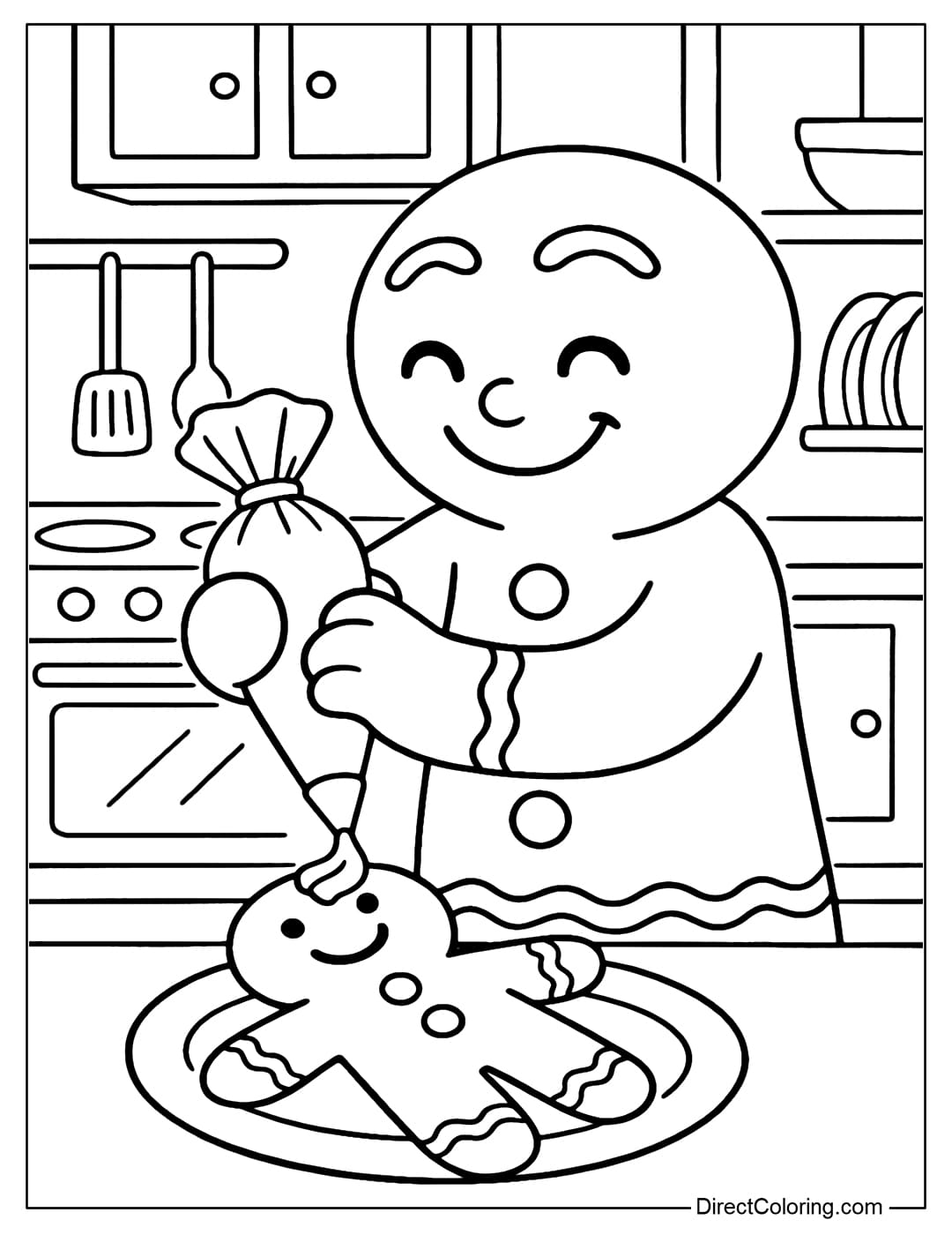 A gingerbread man coloring page is using a bag of icing to cover another cake.