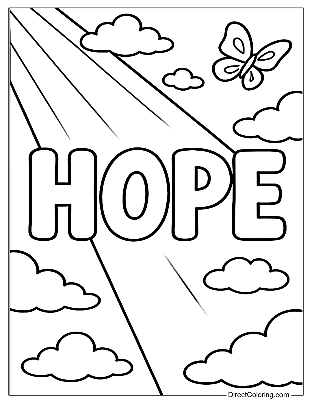 The word Hope is illuminated by a ray of sunlight, with clouds and butterflies flying gently around.