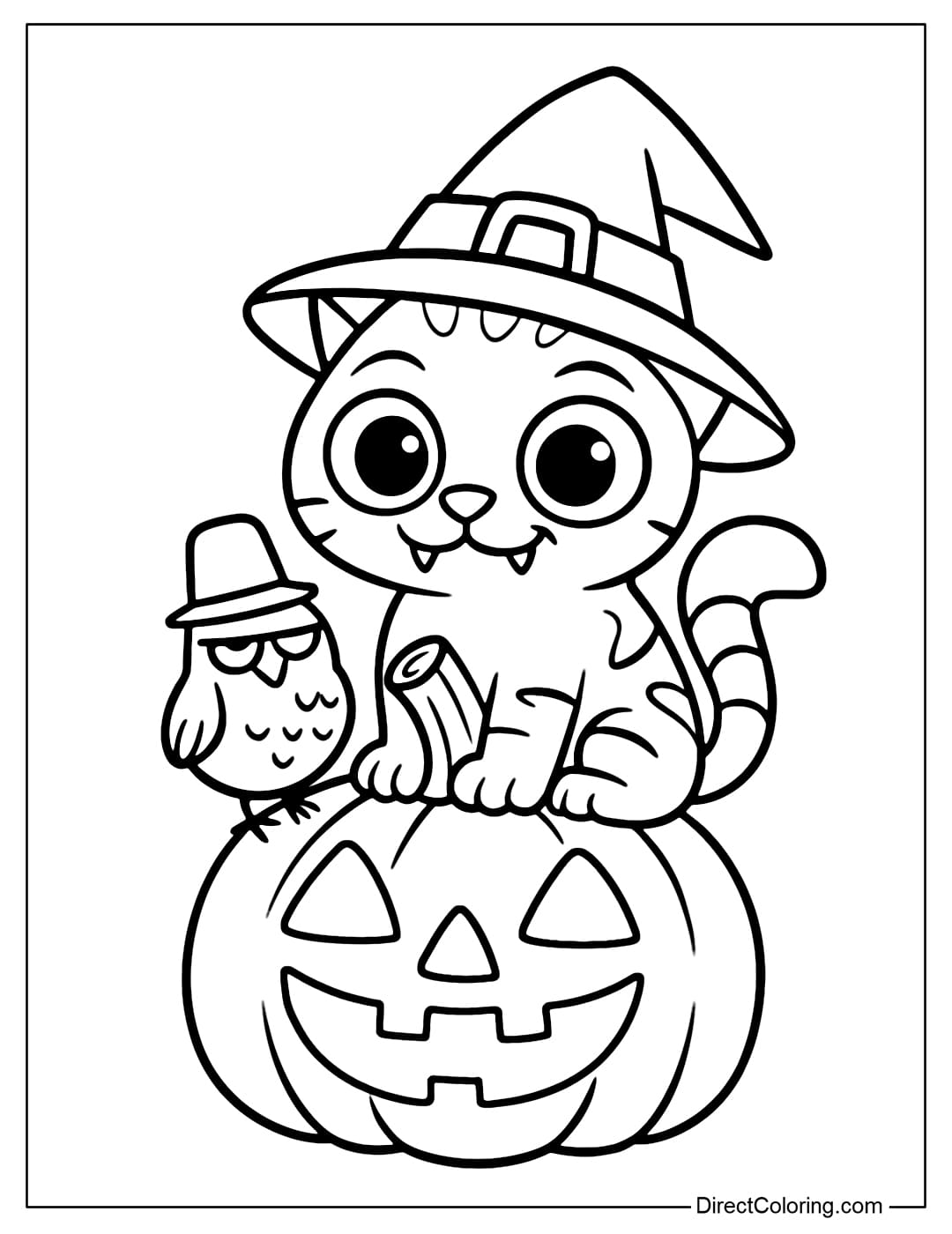 Coloring Page of Tiger Derpy the cat and Bird Sussie sit happily on a jack-o-lantern.