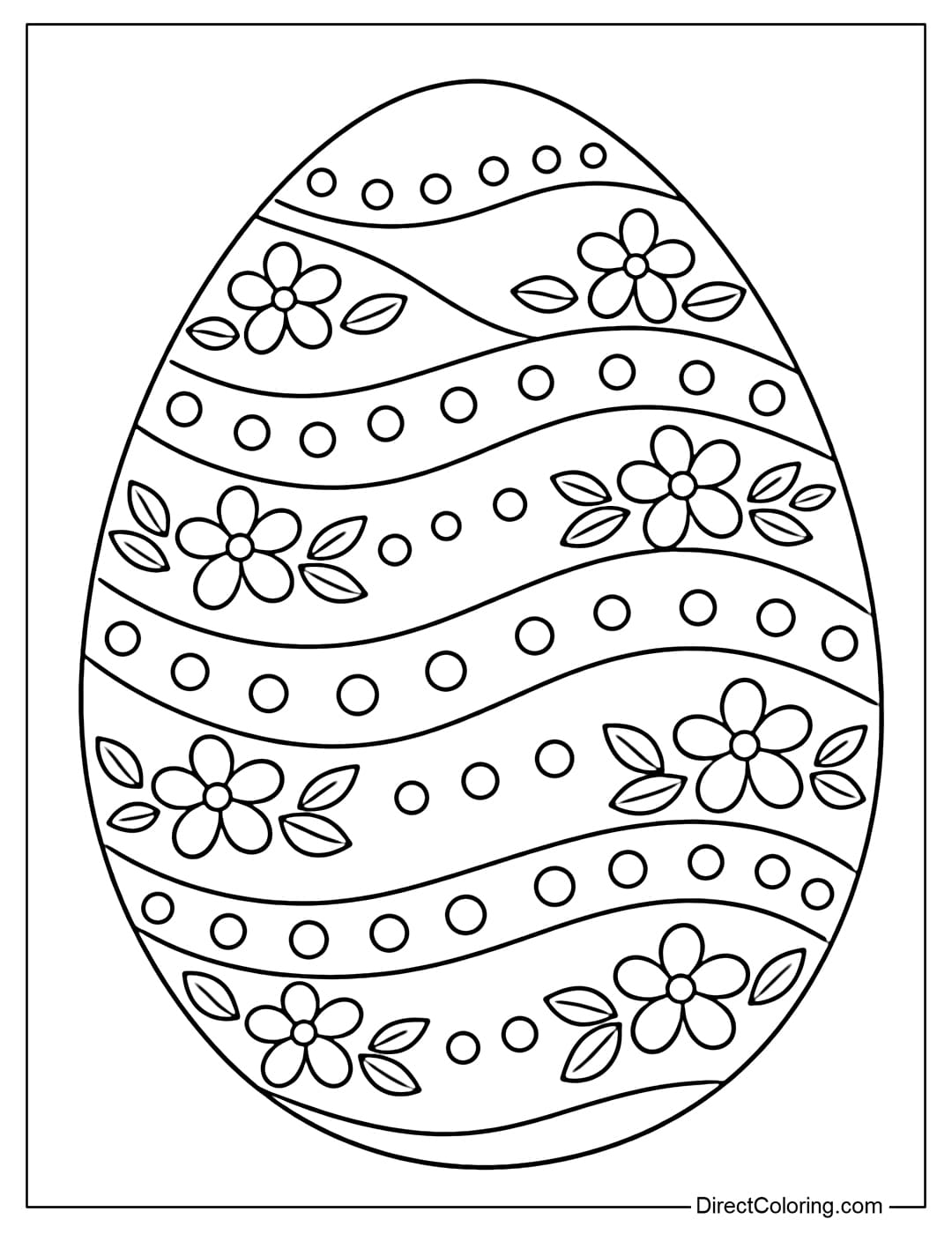 A coloring page of a large Easter egg, with the inside divided into many wavy lines, combined with polka dots, five-petaled flowers, and small leaves.