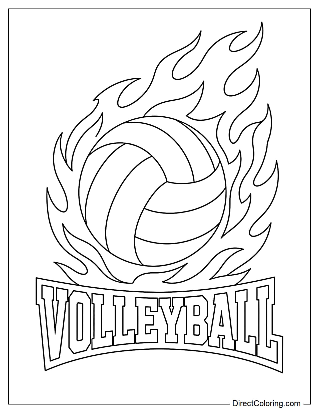 A volleyball is surrounded by large, powerful curling flames, with the word 