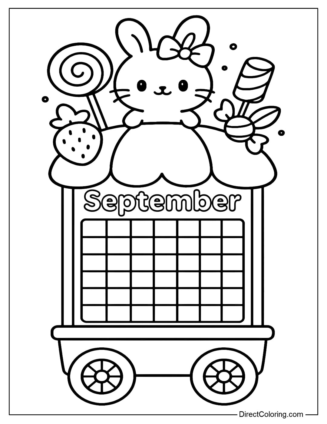 September calendar coloring page featuring a small candy cart, with the calendar on the front of the cart and a chibi bunny standing next to various candies on top.