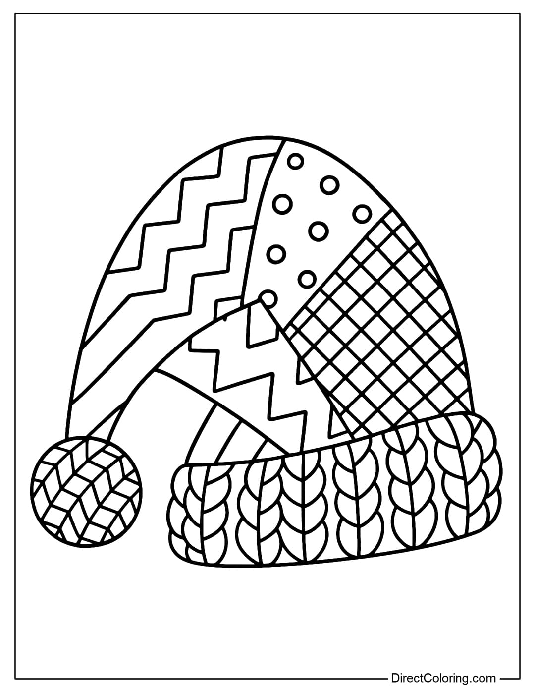 Patchwork coloring page Santa hat with patchwork hat body divided into large zigzag pieces, thick polka dots, small checkered, spiral stripes.