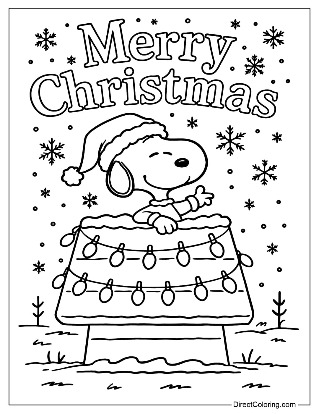 Coloring page featuring Snoopy wearing a Santa hat, relaxing on his decorated doghouse under falling snowflakes.