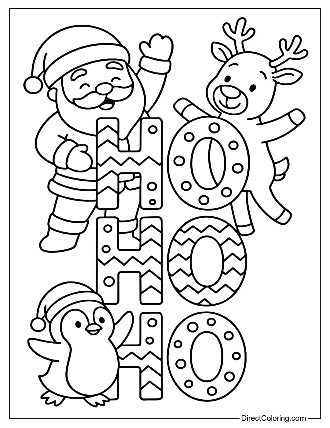 Coloring page of Santa Claus, reindeer and penguin posing around the words 