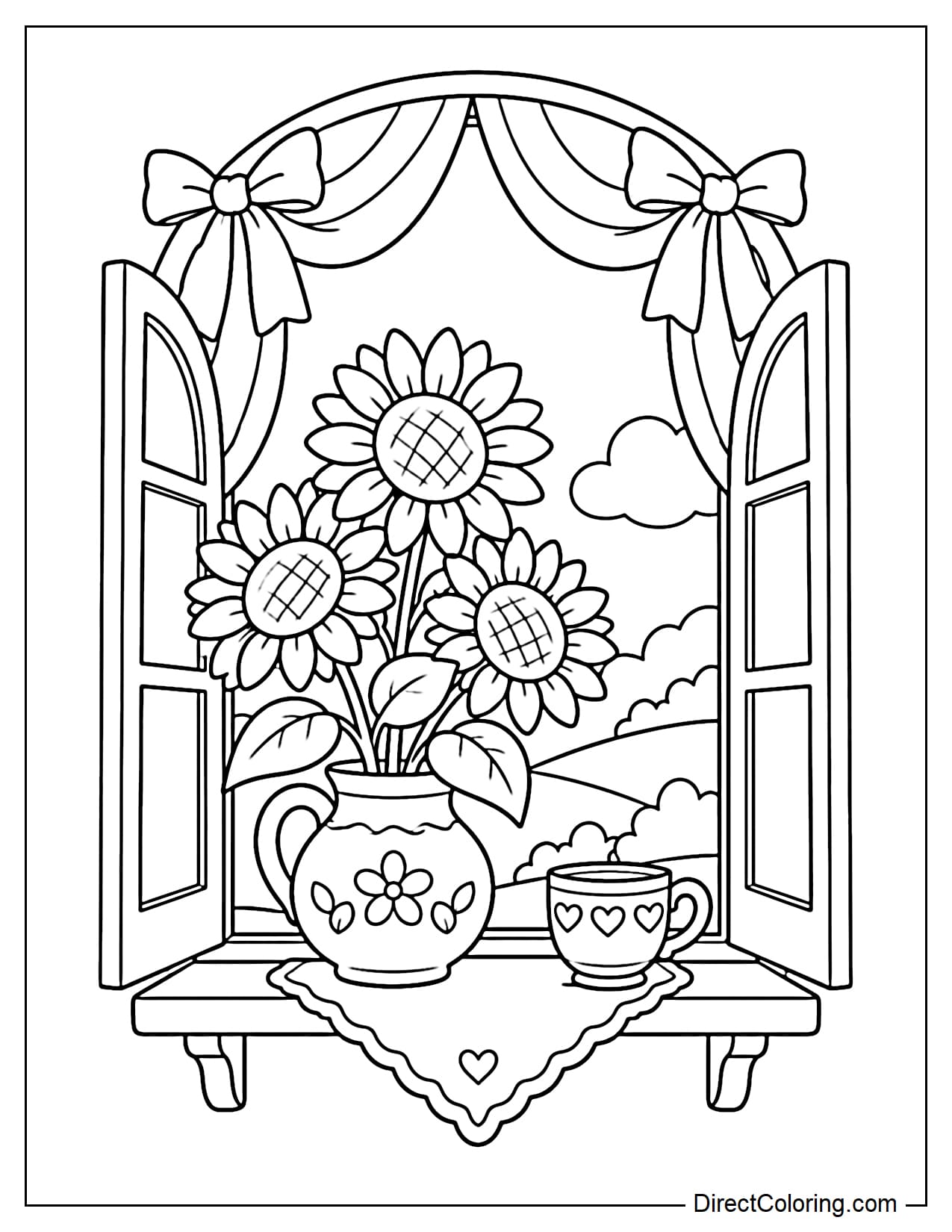 An arched window with two open shutters and curtains tied with bows on both sides. A ceramic vase filled with sunflowers sits on the windowsill beside a teacup.