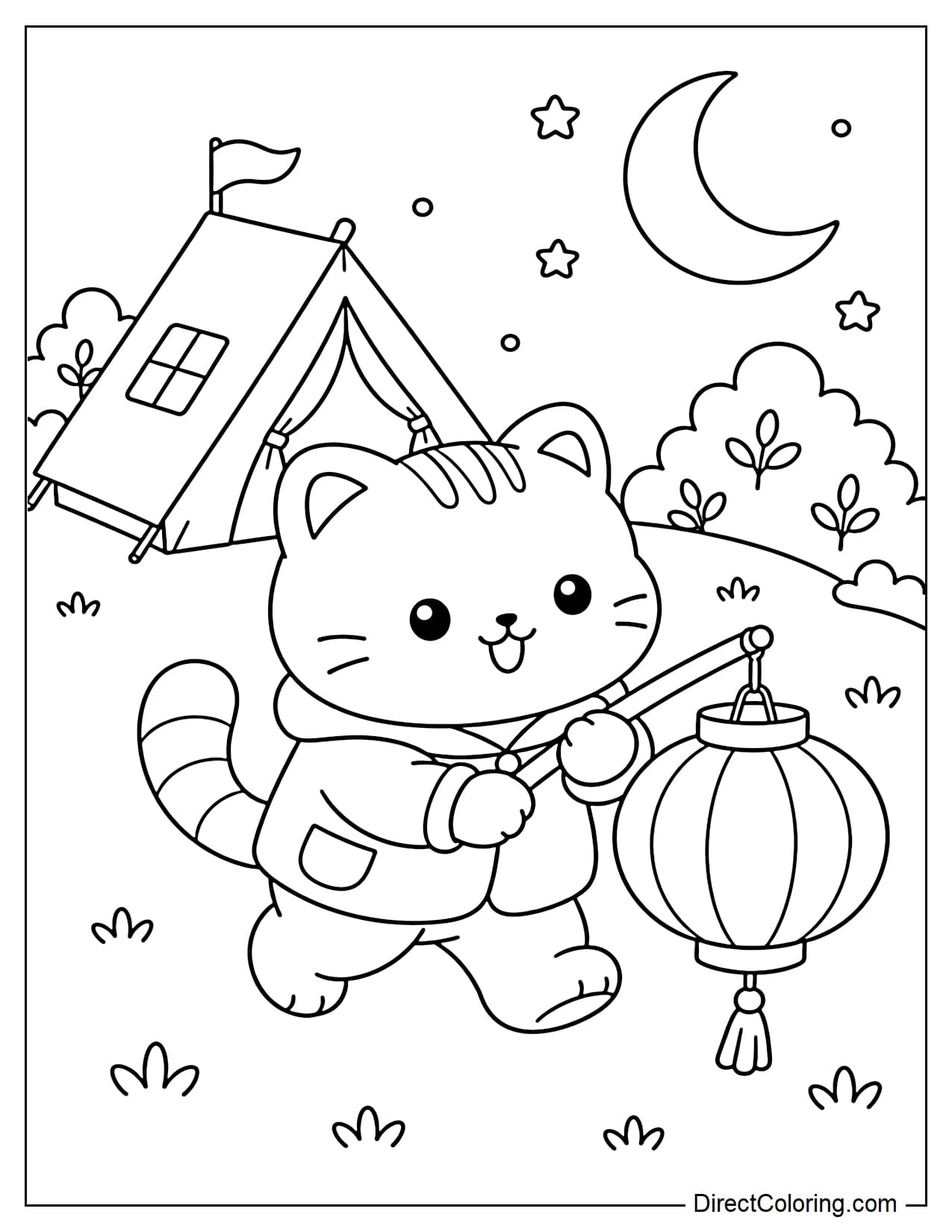 A cute cat is carrying a large lantern and strolling around the campsite, with a small tent, the moon, and some bushes behind it.