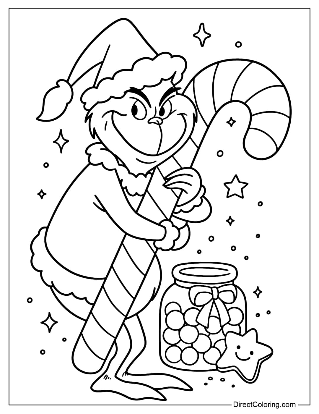 Coloring page for Grinch holding an oversized candy cane, with a sly but adorable grin, next to a jar of candy and star-shaped cookies.