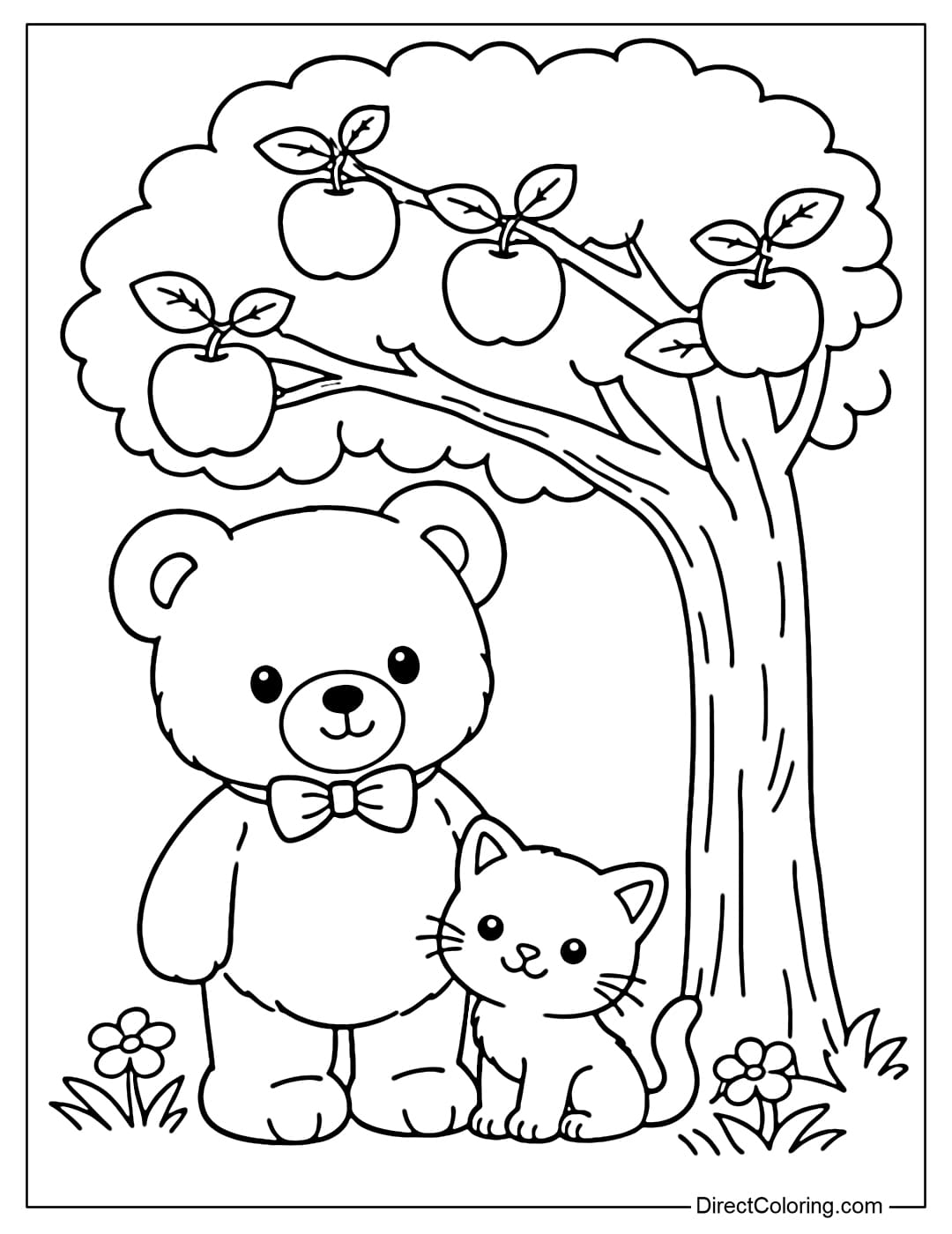 A coloring page featuring a teddy bear standing with a small cat under an apple tree.