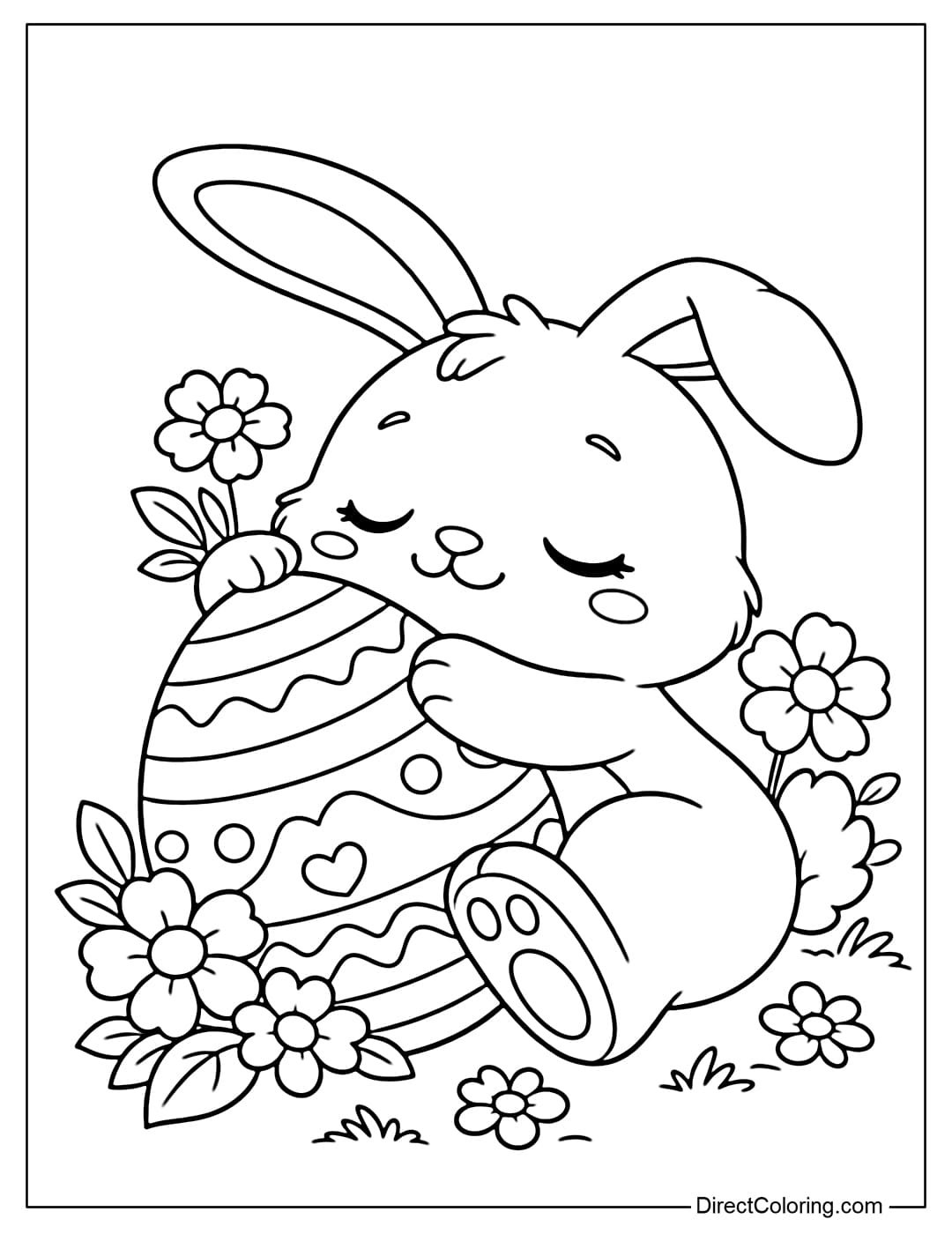 An Easter bunny coloring page sleeping and hugging a large egg like a pillow, surrounded by simple flowers.