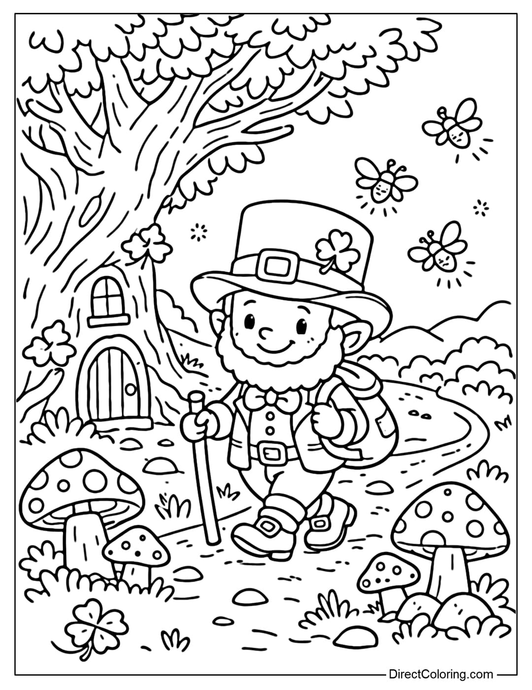 A coloring page of a Leprechaun strolling through a magical Irish forest, surrounded by ancient trees, mushrooms, and fireflies.