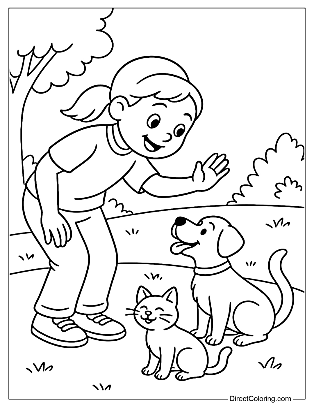Coloring page A child is bending down to wave hello to a new puppy he met in the park, next to a cute cat
