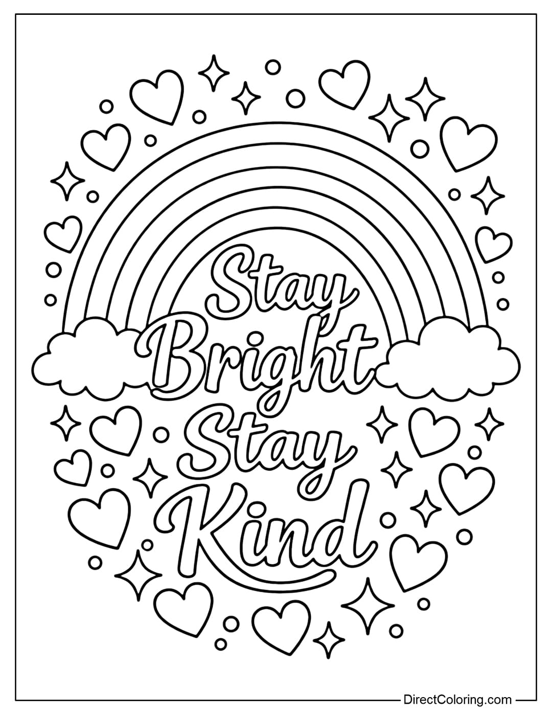 A coloring page of a large rainbow combined with the inspirational quote 