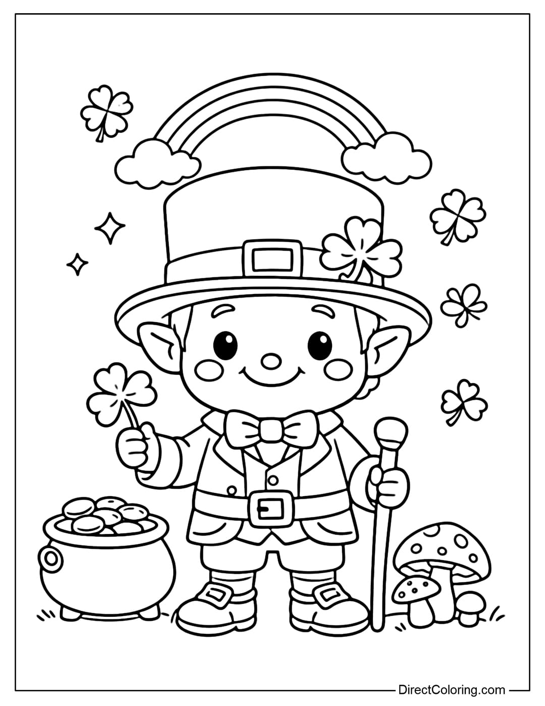 A coloring page of a cute, smiling leprechaun with a round hat and a friendly face.