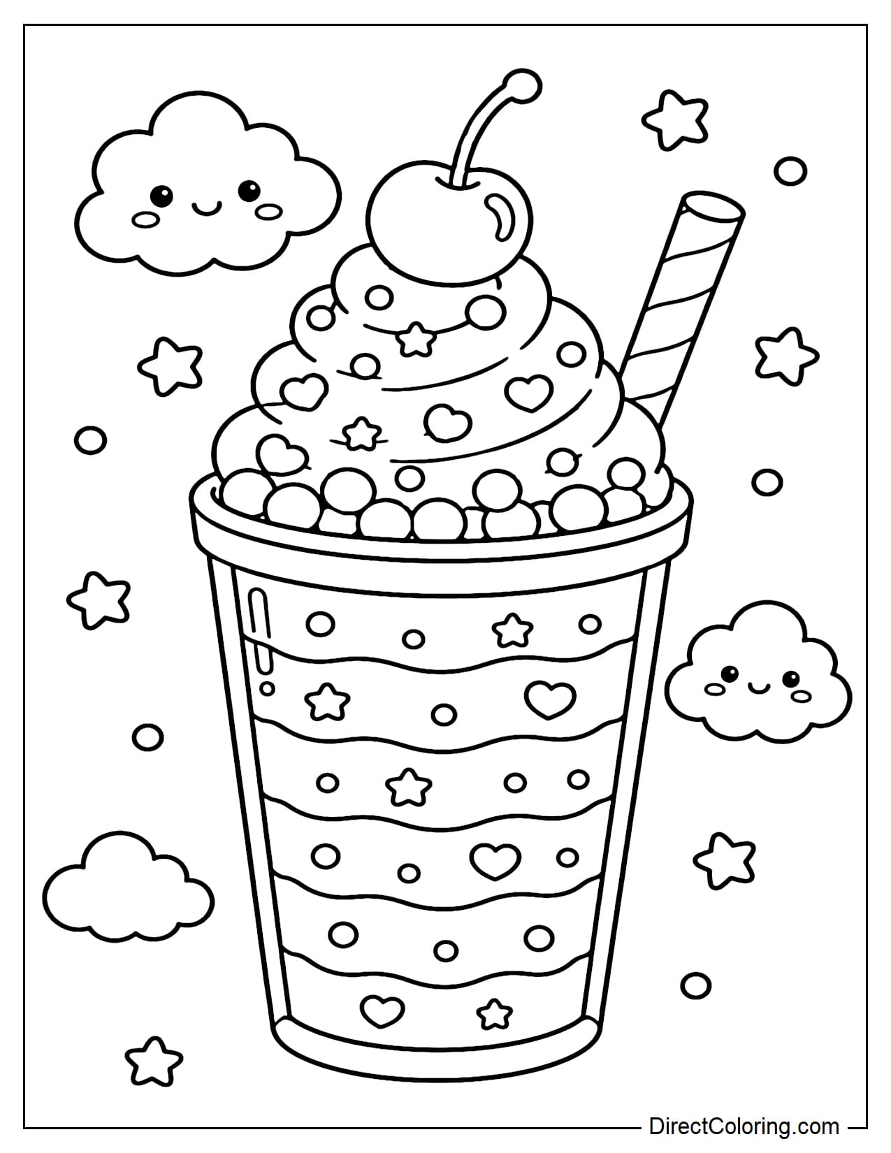 A multi-layered rainbow smoothie cup with small candy toppings, whipped cream, and a large cherry on top, surrounded by clouds and stars.