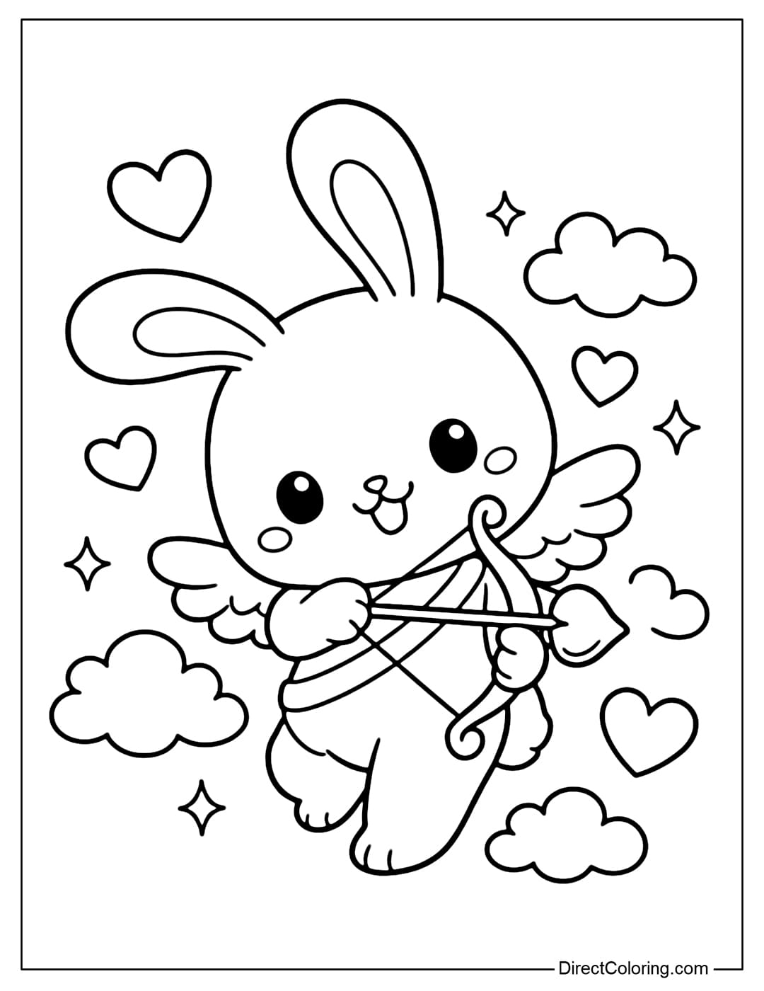 A cute Cupid bunny is holding a bow and arrow with heart-shaped tips.