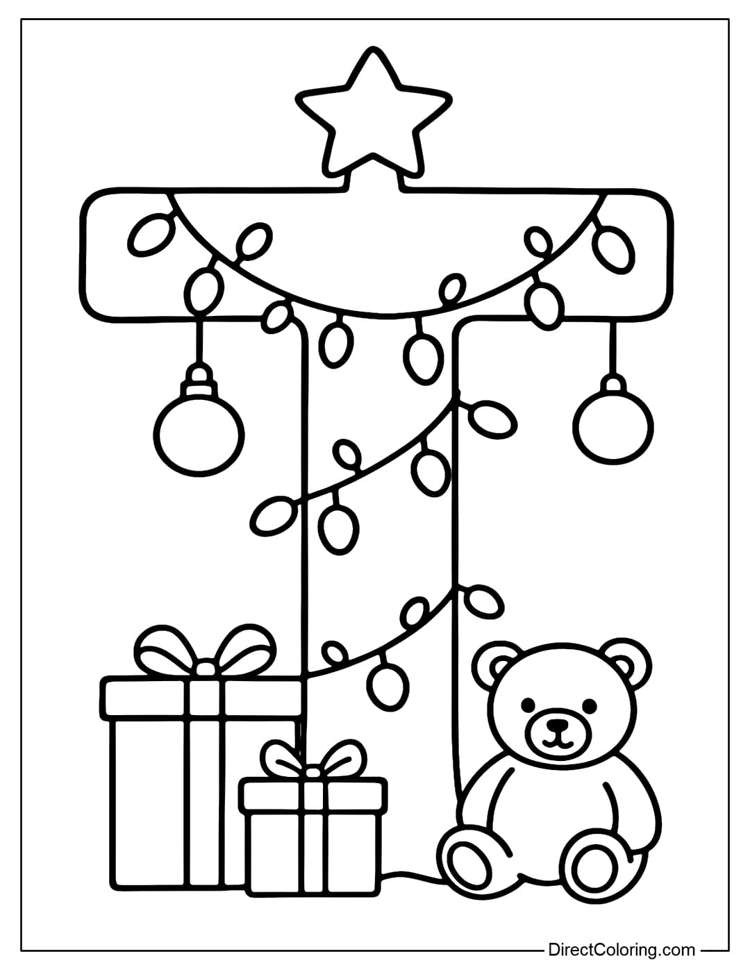 Coloring page Letter T is a pine tree trunk, with stars hanging above, two sides covered with lights and balls, at the base are gifts and a small bear.