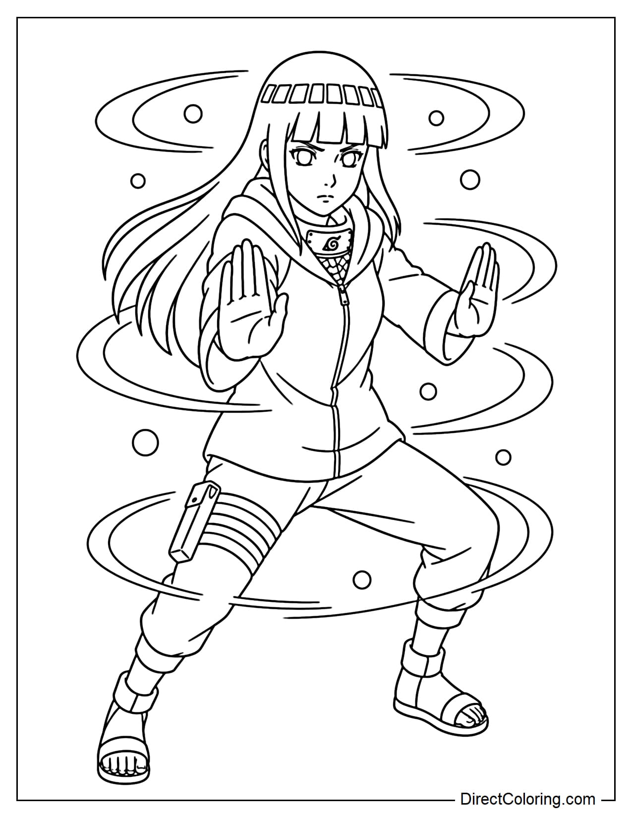 Hinata strikes the Gentle Fist pose with both hands outstretched, surrounded by several energy circles.