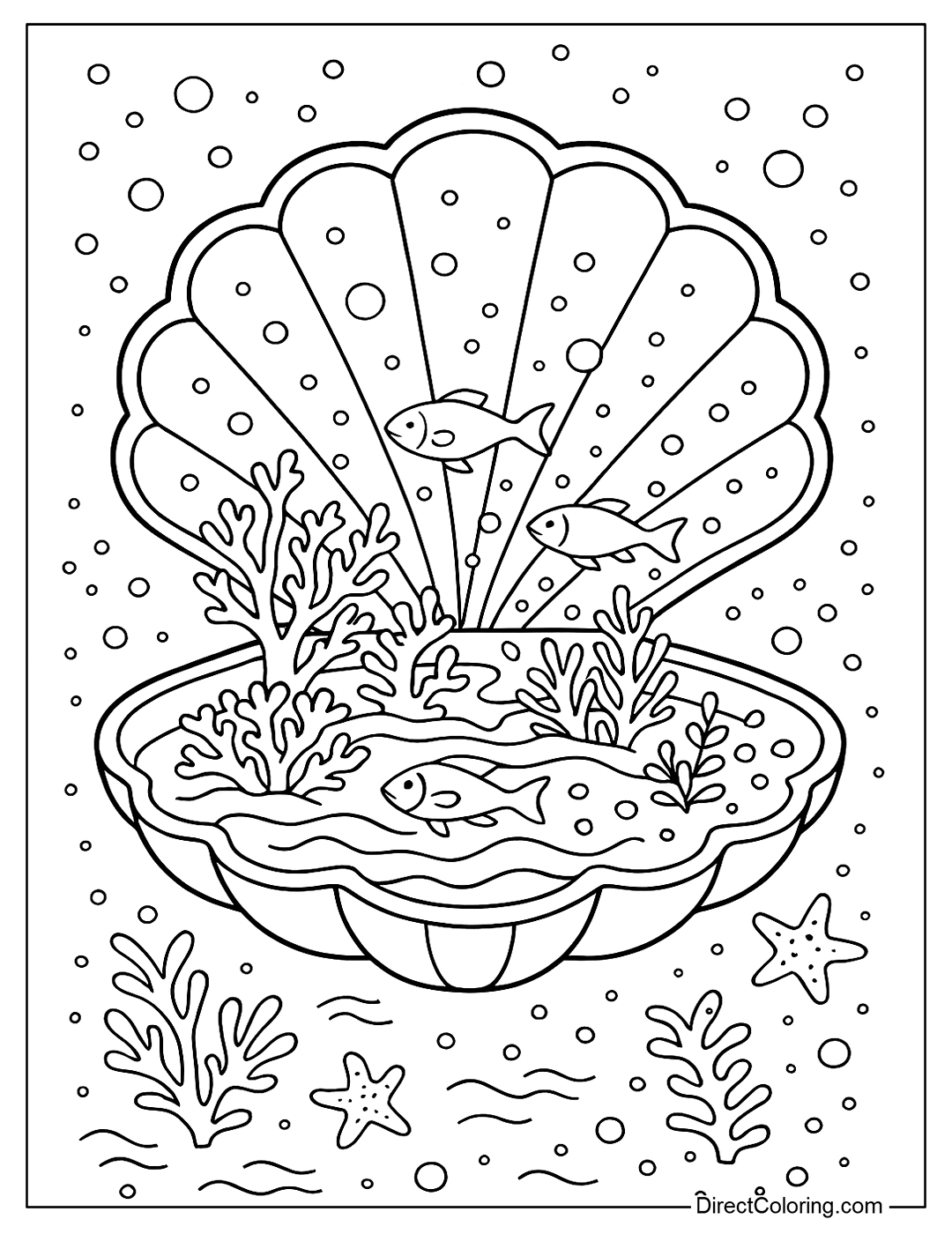 a coloring page of a shell-shaped compact that contains a miniature ocean with coral, fish, and sparkling waves