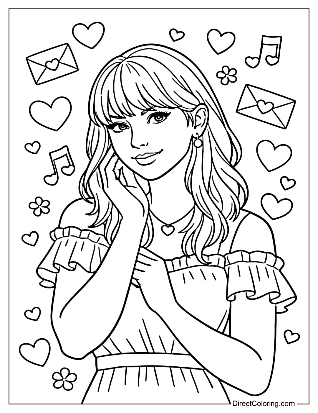 A coloring page featuring Taylor Swift in a Valentine's Day atmosphere, surrounded by hearts, envelopes, and musical notes.