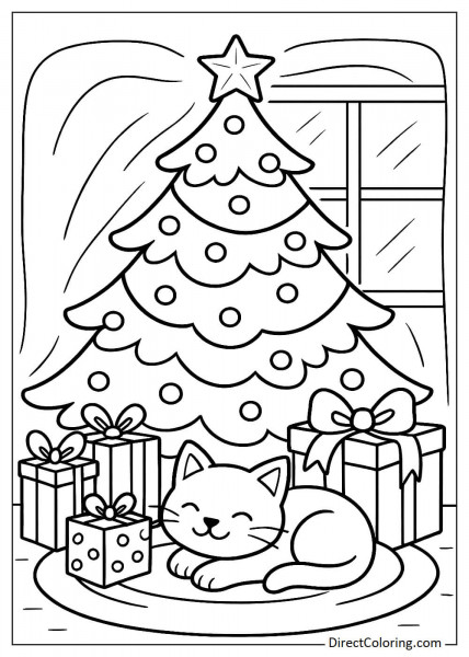 Cat under a Christmas tree coloring page