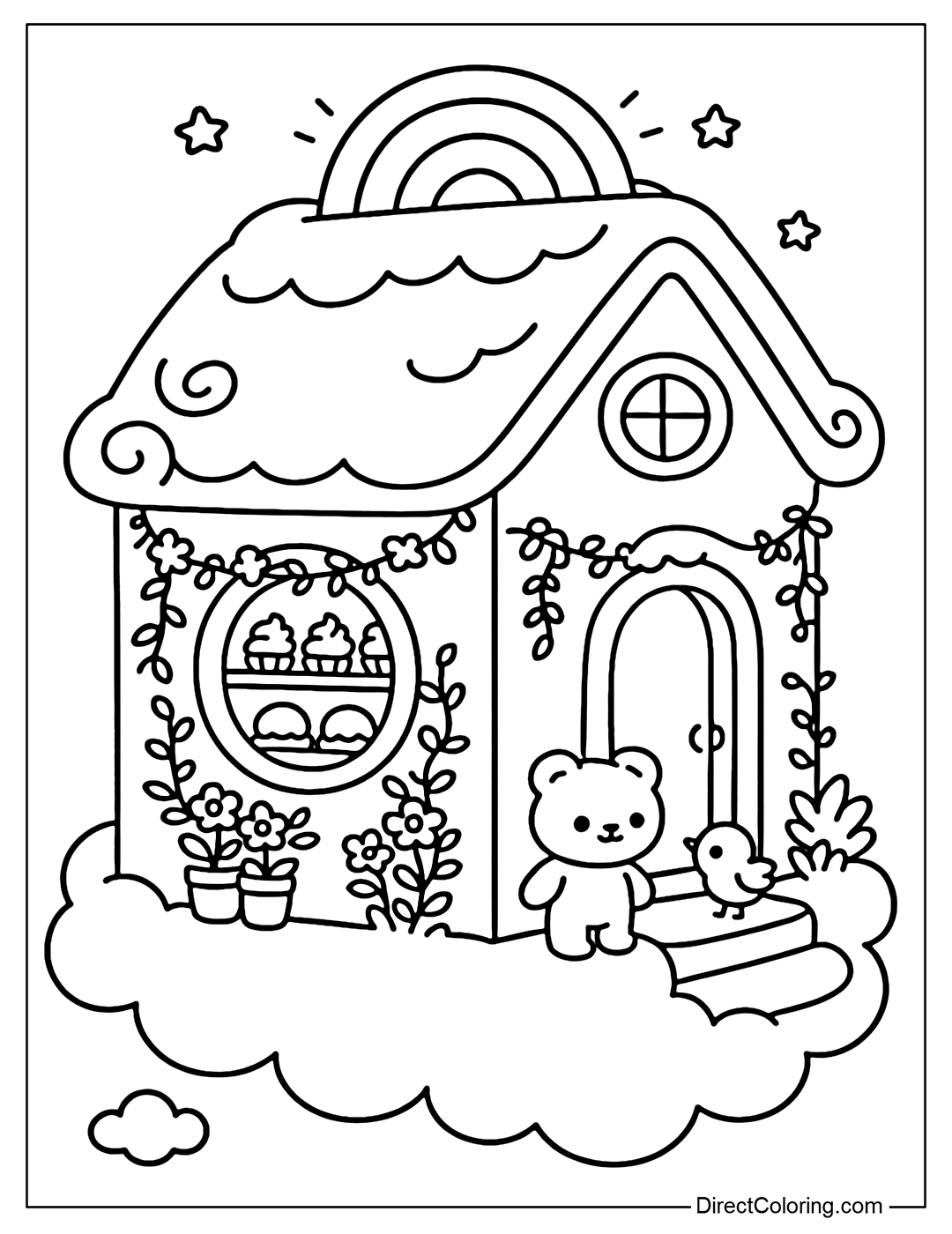 Coloring page of cloud bakery side view, rainbow sign; curved roof; railing hanging flower strings; bear cub and little bird in front of the door; through the window see sponge cake, merengue.