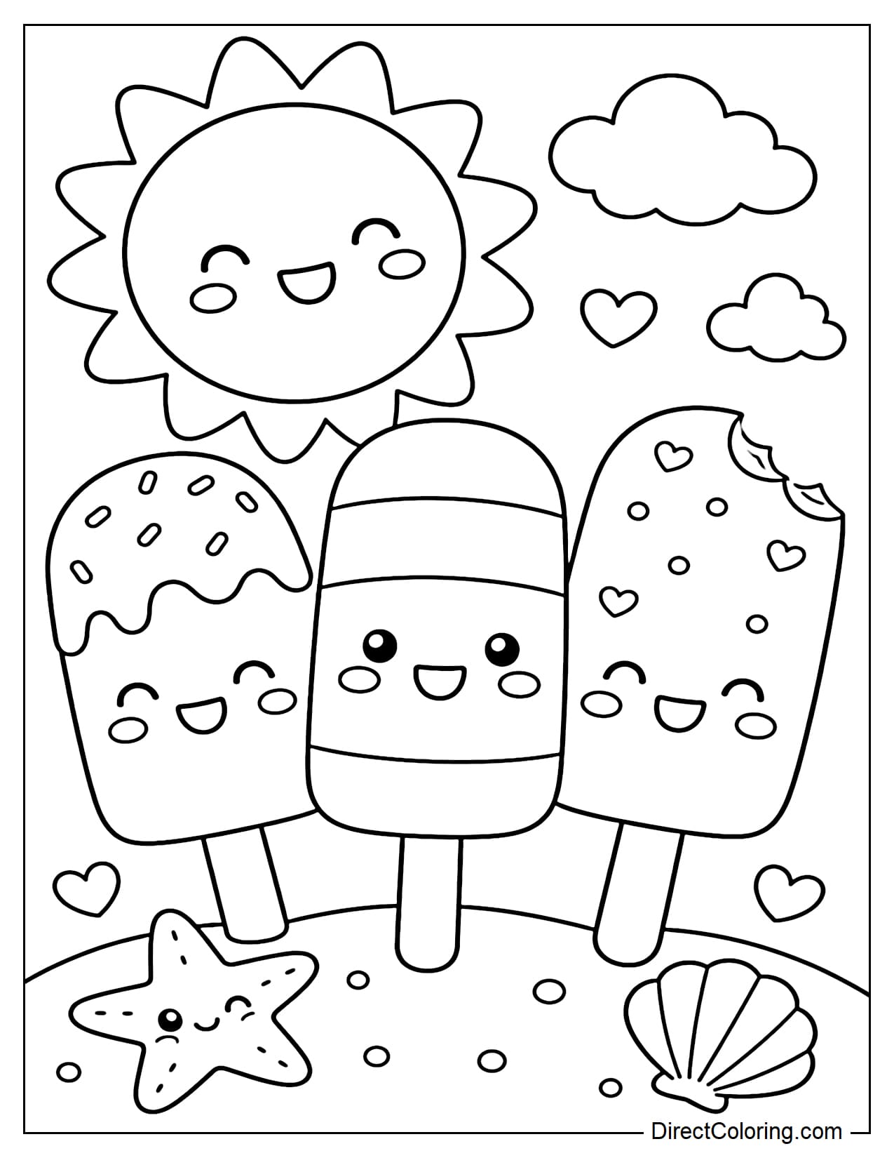 A smiling sun next to cute popsicle friends with happy faces.