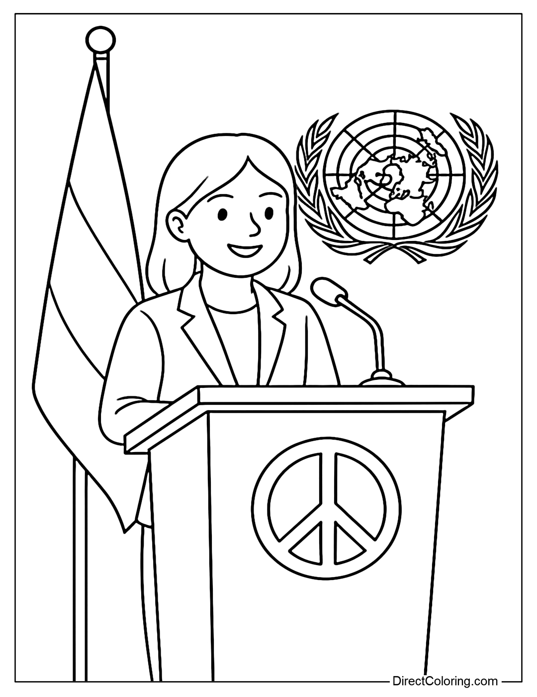 Coloring page of young people standing in front of a podium, behind them is a flag and a symbol of global solidarity.