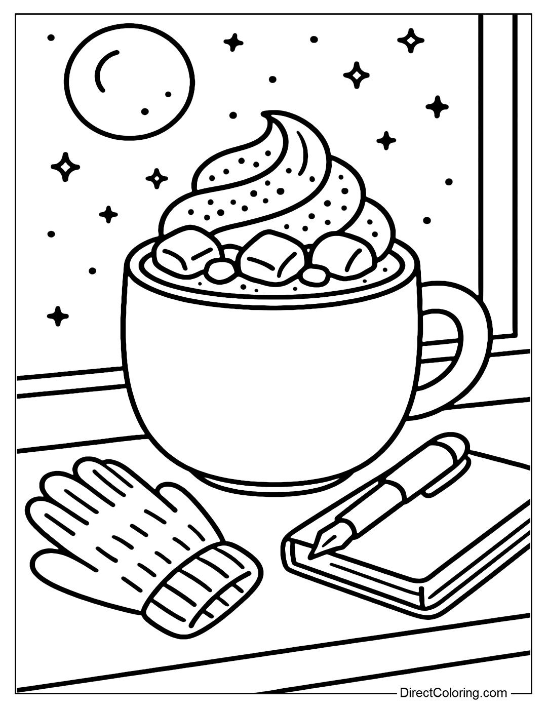 Coloring page of a cup of hot chocolate covered with whipped cream, sprinkled with cocoa powder and a few marshmallows floating on top. The cup is placed on a windowsill.