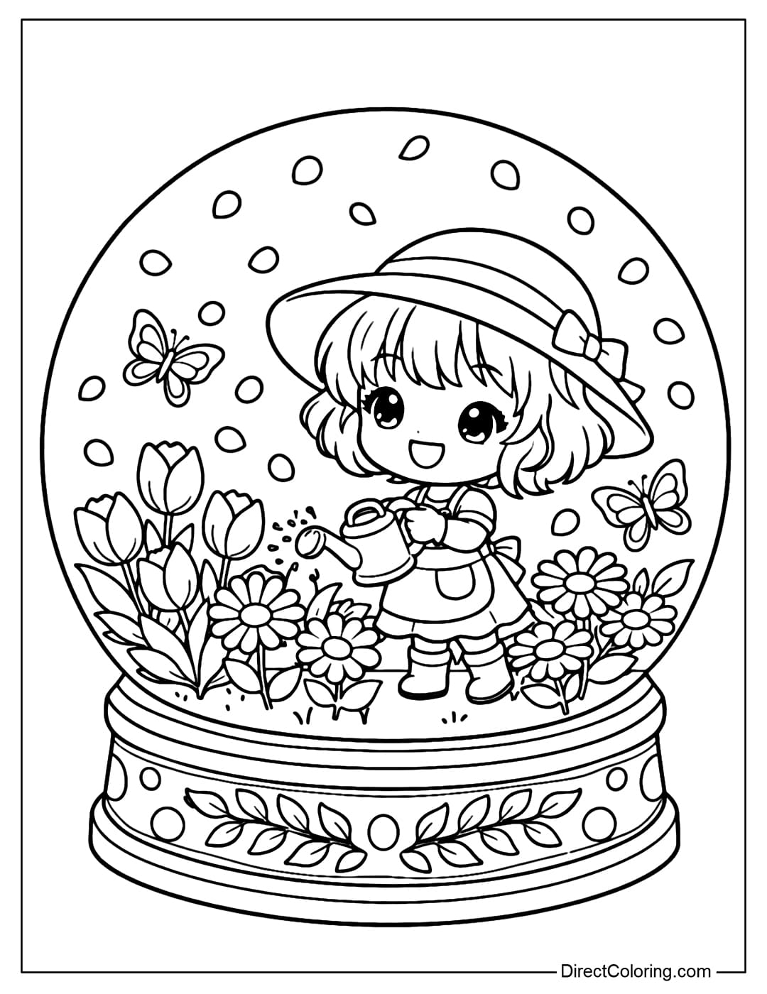 A snow globe coloring page with a chibi girl wearing a wide-brimmed hat watering plants in a spring garden.