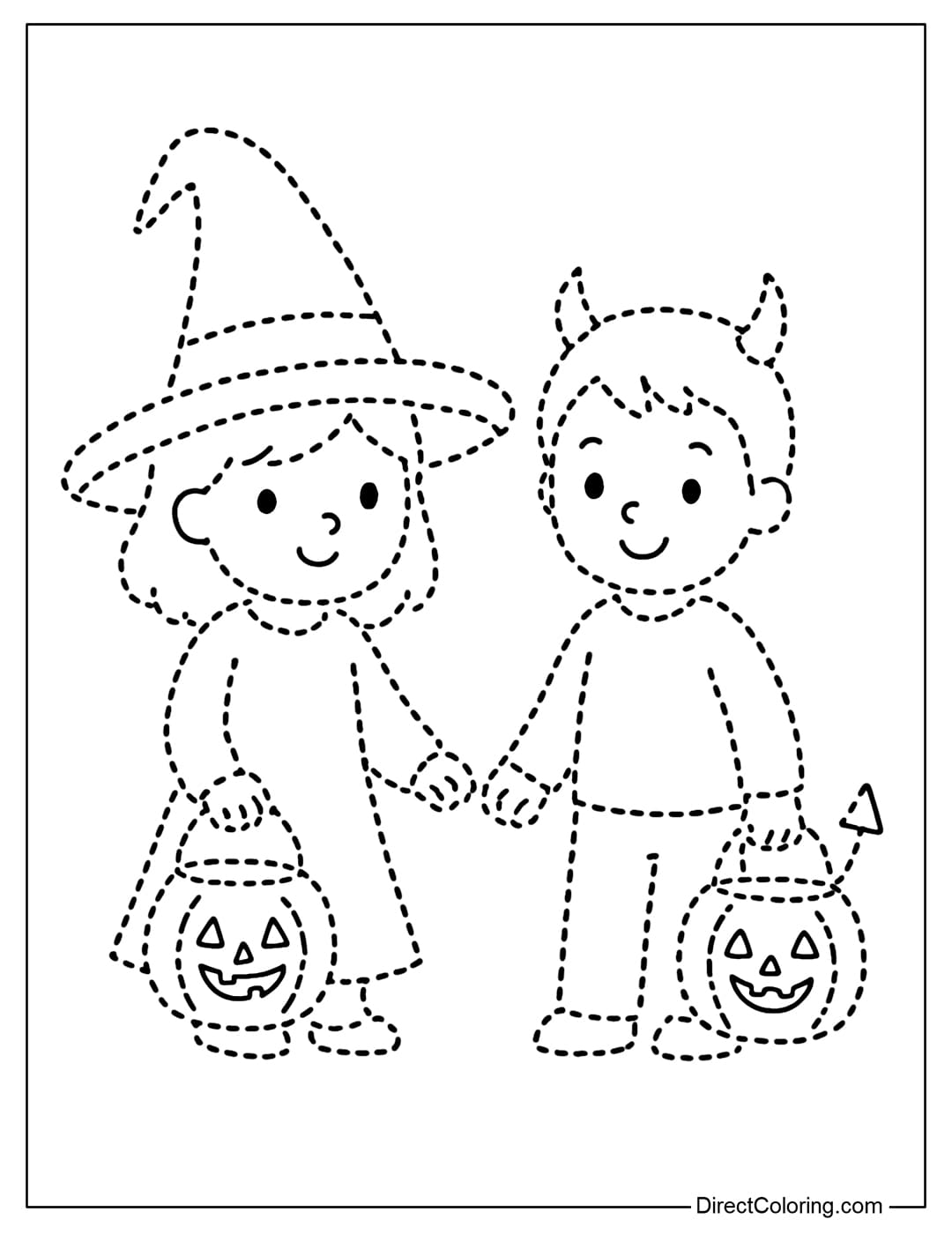 A tracing coloring page of two children in Halloween costumes, holding a basket of candy.
