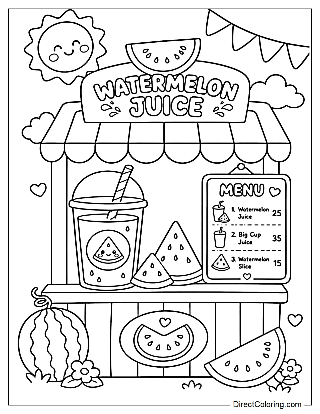 A small watermelon juice stand with a simple menu, a large glass of juice, and some decorative watermelon slices.