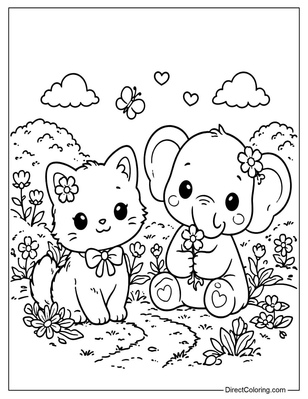 A coloring page featuring two animals, a cat and an elephant, sitting amidst flowers and leaves.