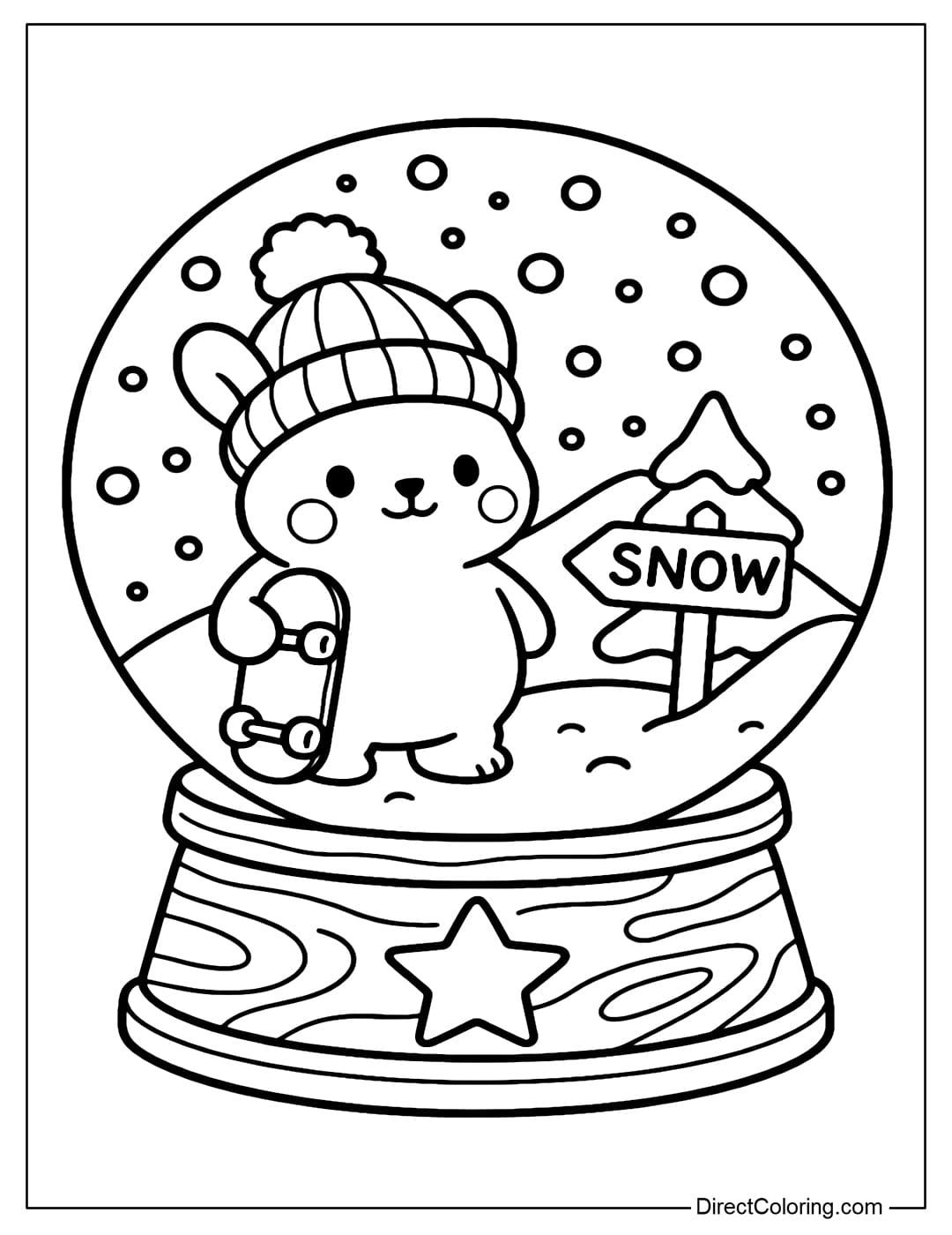 A snow globe coloring page with a chubby bunny carrying a mini skateboard and wearing a pom-pom wool hat.