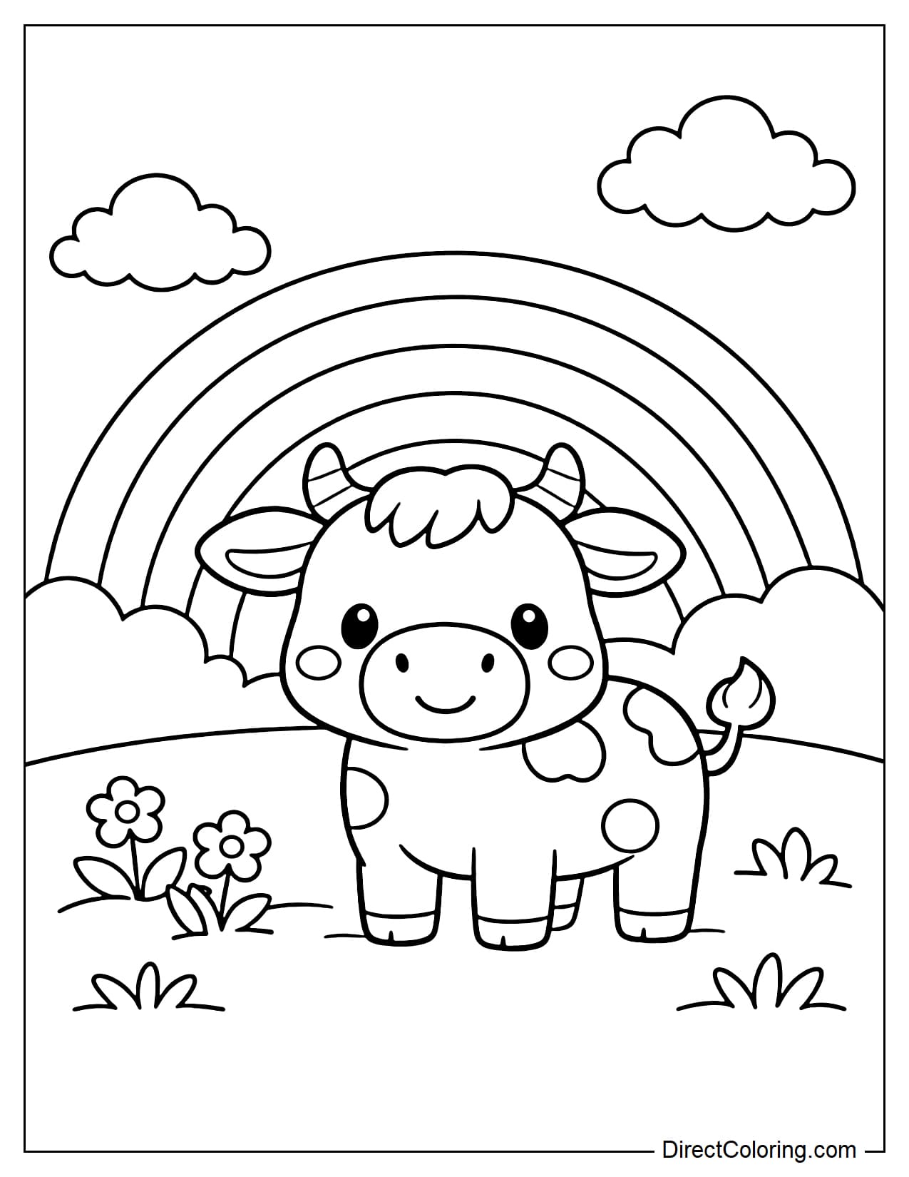 The cow is standing in front of a large rainbow with curved stripes.