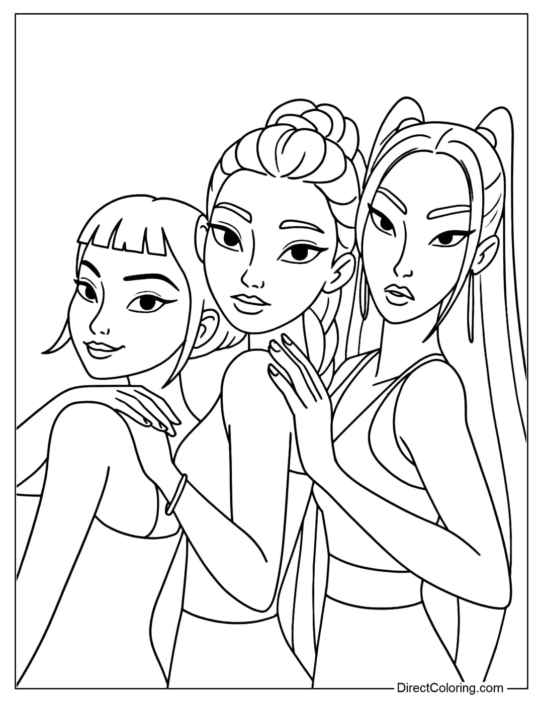 Kpop Demon Hunters Rumi, Zoey and Mira Coloring Page are posing close together, with a strong and attractive aura.
