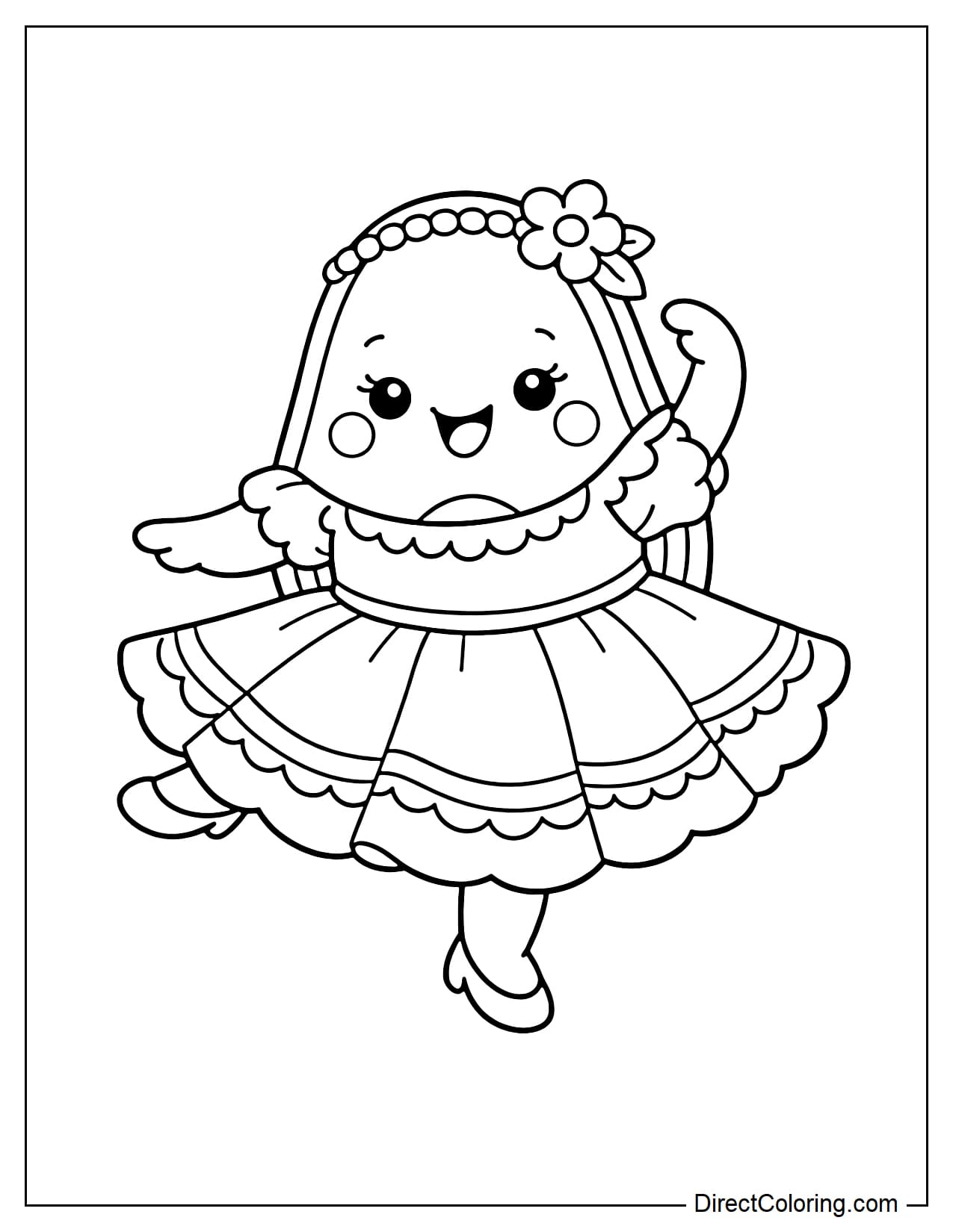A cute avocado dancing in a pretty traditional dress, with a charming flower headband.