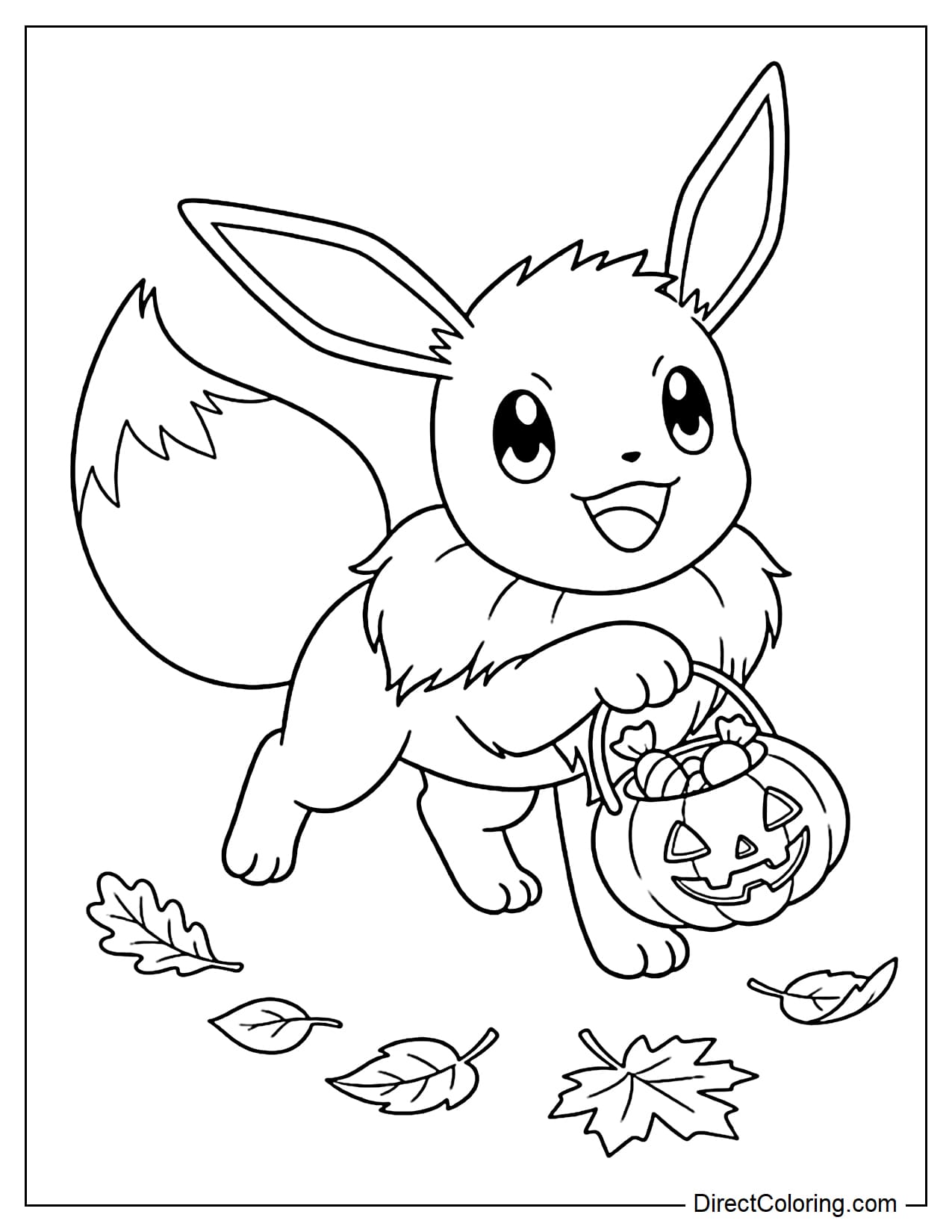 Pokémon Eevee happily walking with a small pumpkin-shaped basket filled with large pieces of candy, with a few autumn leaves nearby.