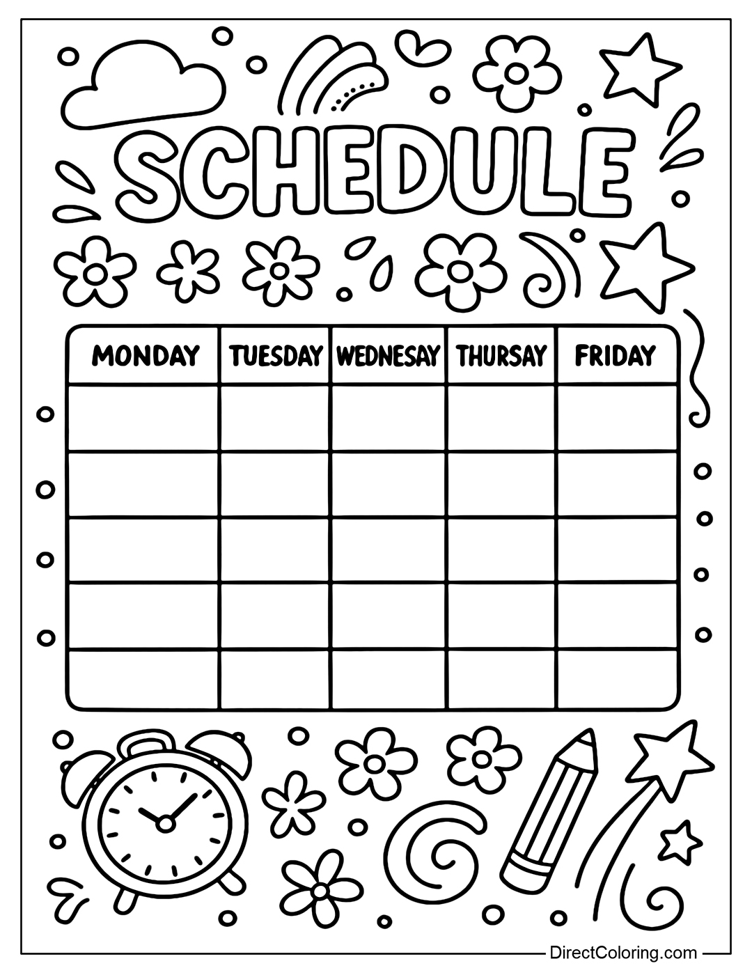 A bright schedule coloring page with flowers, rainbows, alarm clocks, pencils and shooting stars - to help your child start the school week with color and joy.