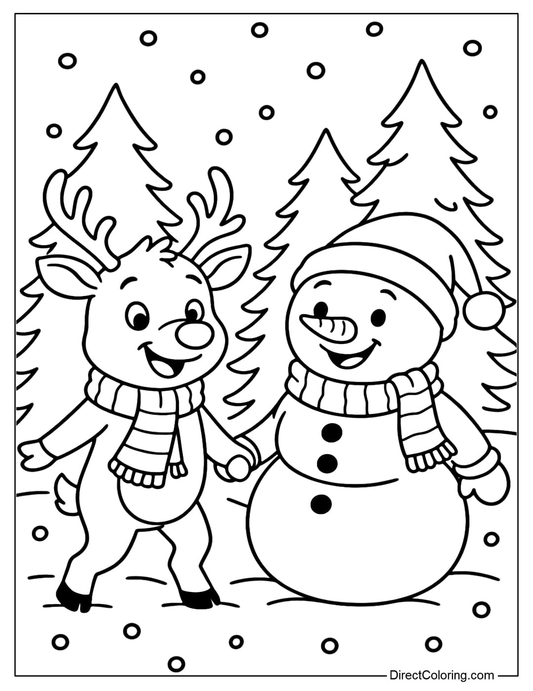 Reindeer and Snowman Coloring Page A coloring page of a reindeer and a snowman wearing a Christmas hat, holding hands and laughing happily in the middle of a white snowy forest.