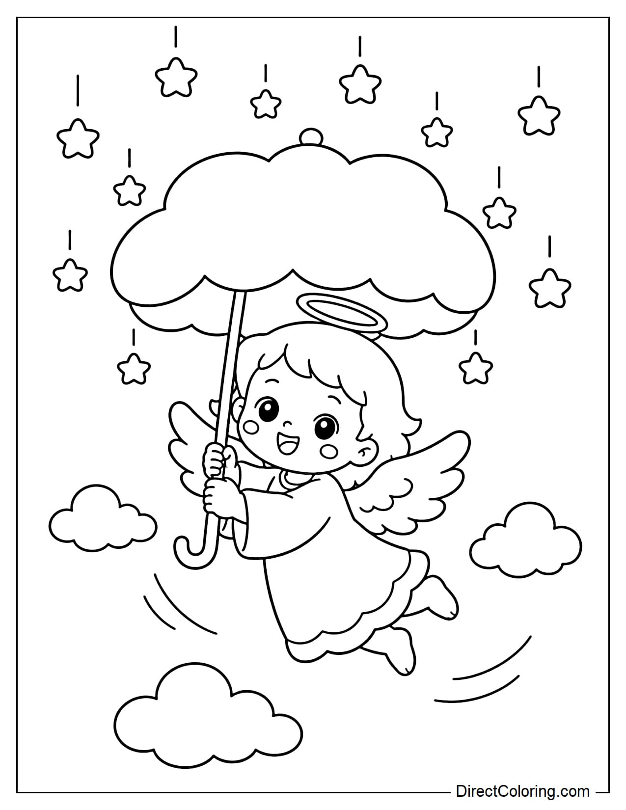 A flying angel holds a large umbrella shaped like a cloud, with star-shaped raindrops falling from above.