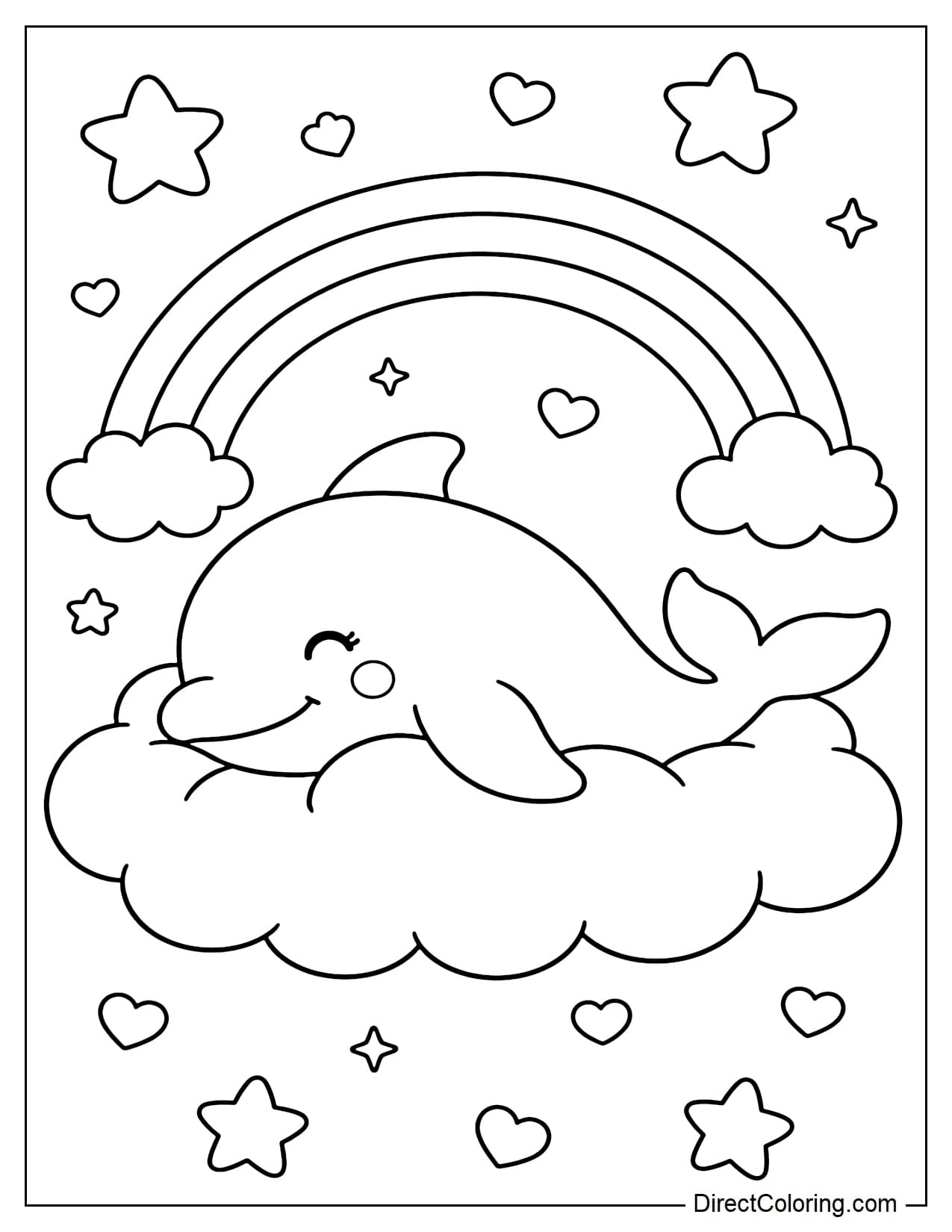 A cute dolphin is relaxing on a soft, fluffy cloud, topped with round stars, small hearts, and a rainbow.