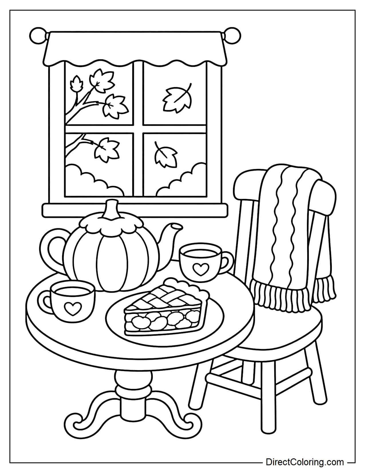 A small round table sits beside a window with a pumpkin-shaped teapot, two cups, and a plate of apple pie, while a soft knitted blanket hangs over the back of a nearby chair.