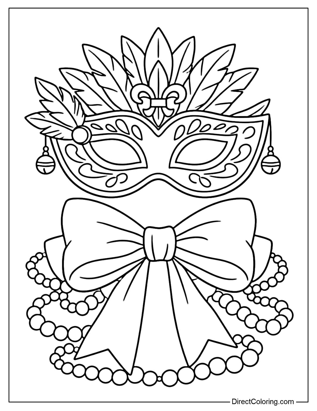 Coloring page featuring a Mardi Gras mask with a large bow tied like a gift, surrounded by beads.