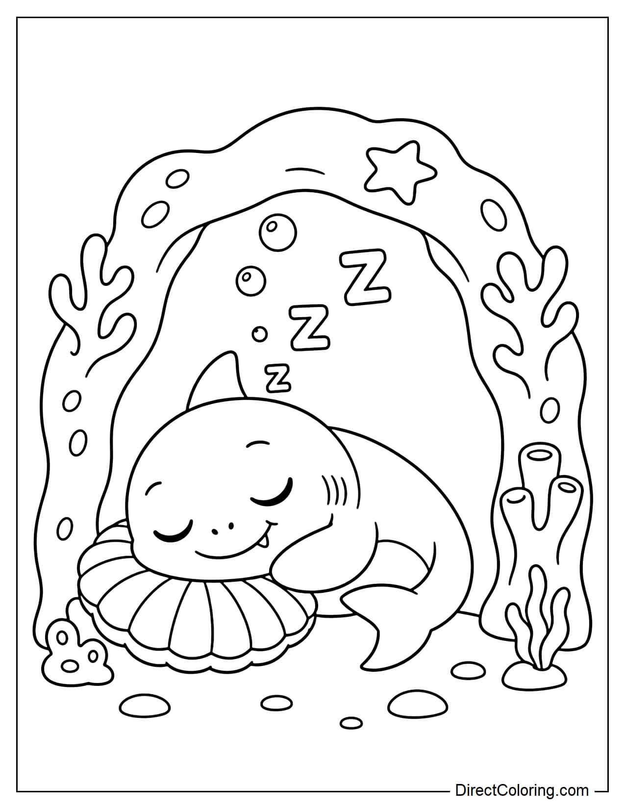 A small shark is curled up asleep in a dome-shaped coral cave, its head resting on a large seashell like a pillow. Several small bubbles and a large Z symbol are above it.