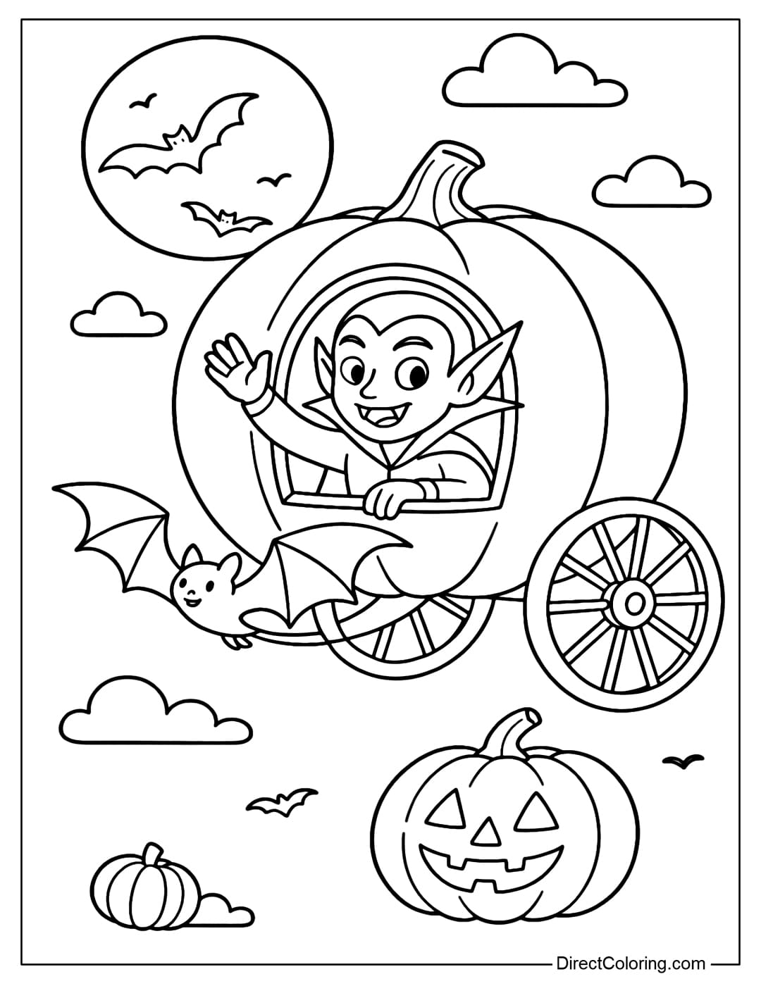 Vampire and Pumpkin Carriage Coloring Page A vampire coloring page sitting in a pumpkin carriage pulled by bats, flying through the Halloween night.