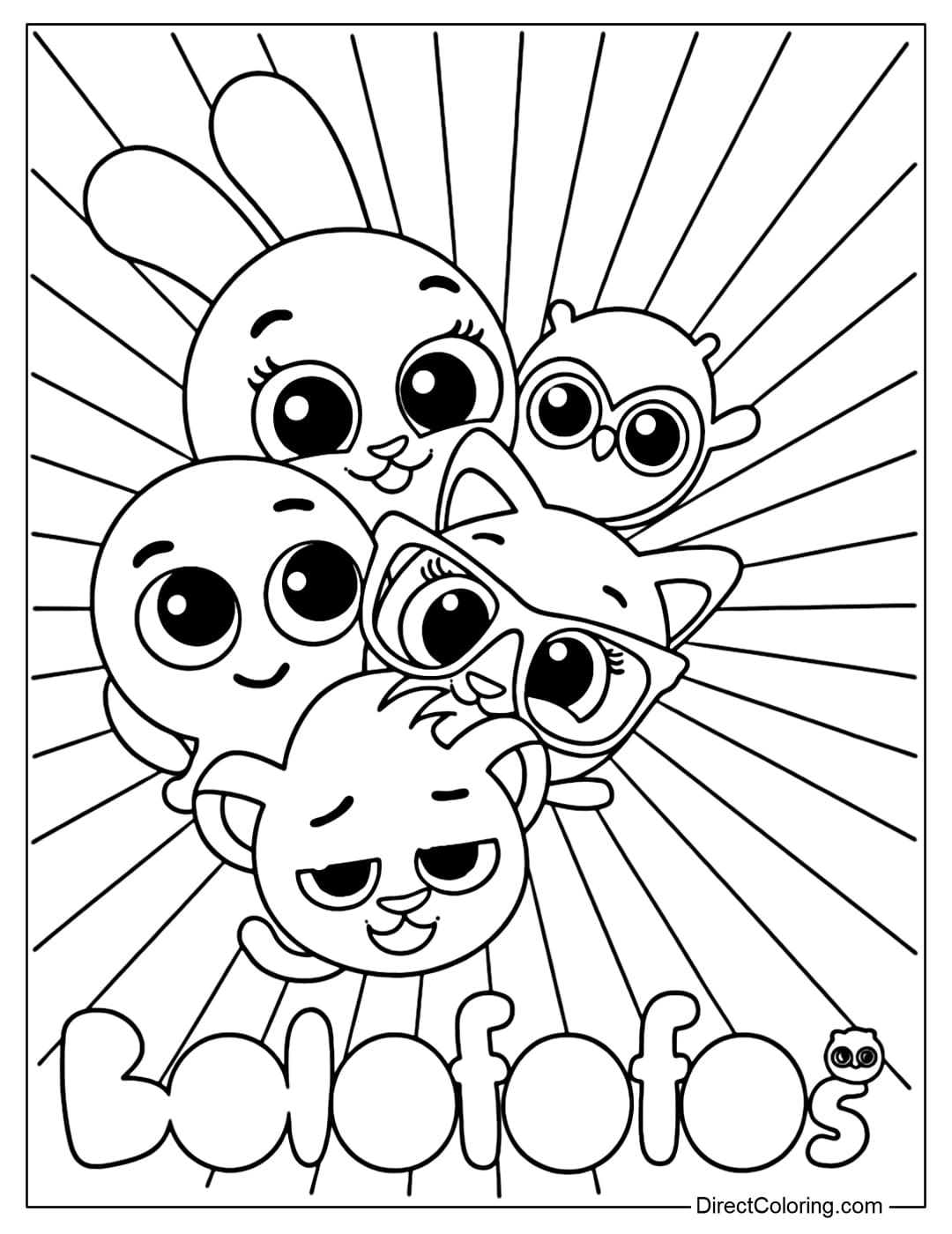 A coloring page of a poster of Bolofofos cartoon characters on a background with scattered rays of light, with a prominent logo below.