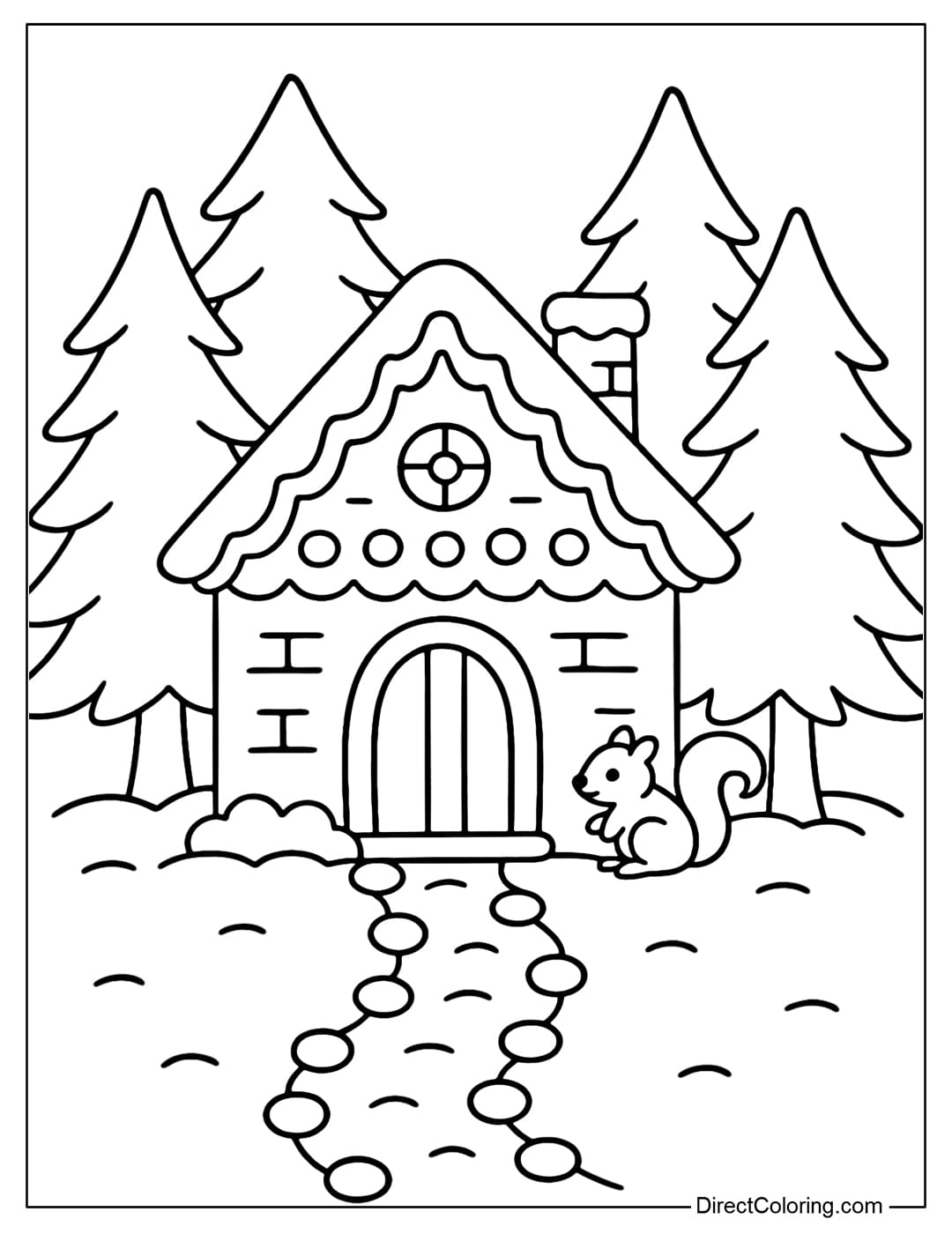 A gingerbread house coloring page in the middle of a pine forest, with a candy path, and a little squirrel sitting next to the porch.